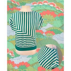 Vintage 70s Donnkenny Green White Square Stripe Short Sleeve Top Size M